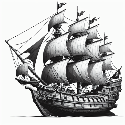 pirate caravel, side view, black and white,.
Single Game Texture. In-Game asset. 2d. Blank background. High contrast. No shadows.