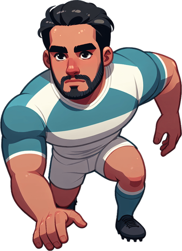 Joueur de rugby qui sont les adversaires tout seule qui s’apprête à plaquer.
Single Game Texture. In-Game asset. 2d. Blank background. High contrast. No shadows.