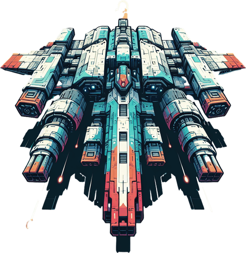 large enemy space ship with massive cannons flying downwards viewed from on top in colour.
Single Game Texture. In-Game asset. 2d. Blank background. High contrast. No shadows.