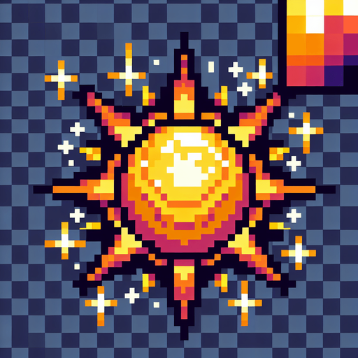 pixel art sun.
Single Game Texture. In-Game asset. 2d. Blank background. High contrast. No shadows.