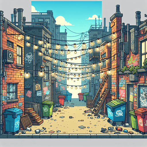 Create a cartoon-style  illustration of a back alley. The goal is to capture a lively and playful location. No skies..
Single Game Texture. In-Game asset. 2d. Blank background. High contrast. No shadows.