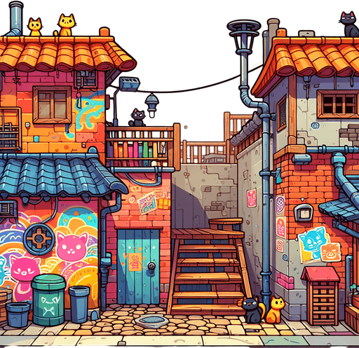 Create a cartoon-style  illustration of a back alley. The goal is to capture a lively and playful location. No skies..
Single Game Texture. In-Game asset. 2d. Blank background. High contrast. No shadows.