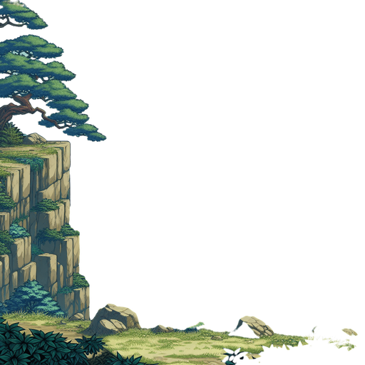 a tileable japanees ninja game landscape background with montains far and cliff edge in the foreground.