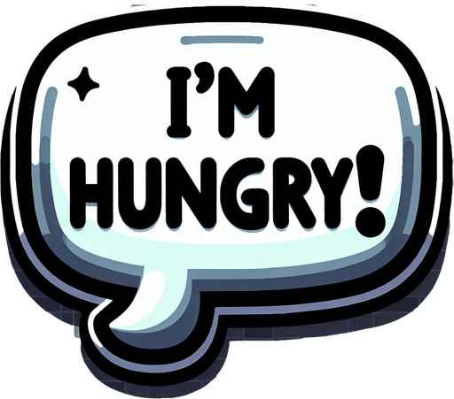 Create a cartoon-style illustration of a speech bubble that is written I'm Hungry!.
Single Game Texture. In-Game asset. 2d. Blank background. High contrast. No shadows.