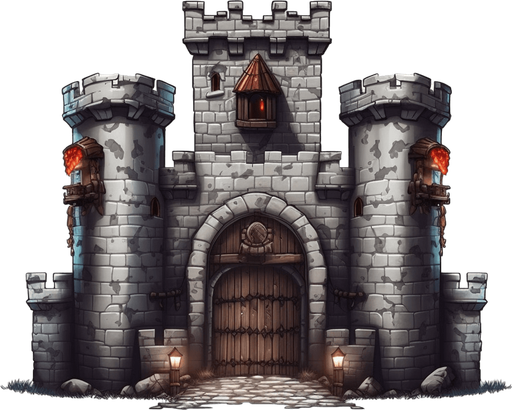 Full view Hero stronghold with gate at the right.
Game Texture. In-Game asset. 2d. Pixelart. White background. Blank background. Low detail. High contrast.