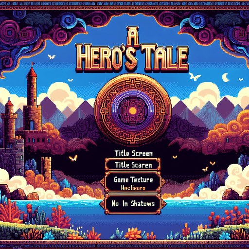 "A Hero's Tale" title screen text I want the art style to reflect a classic 16-bit retro pixel art aesthetic, reminiscent of early 1990s RPGs with vibrant colors. The environment should have a rich, fantasy-themed design with intricate backgrounds and a nostalgic, old-school feel..
Single Game Texture. In-Game asset. 2d. Blank background. High contrast. No shadows.