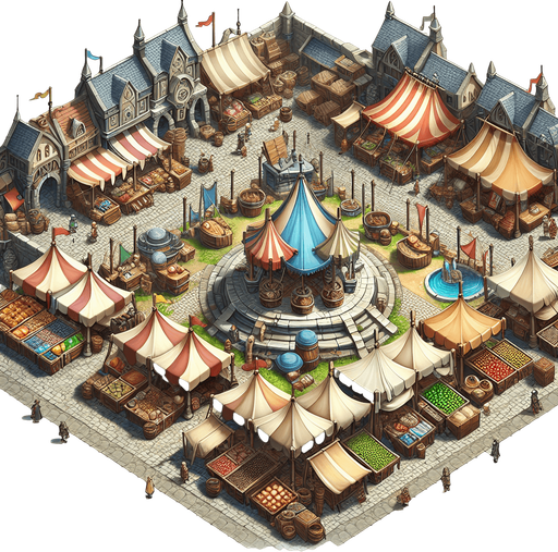 a marketplace in a  fantasy rts style.
Single Game Texture. In-Game asset. 2d. Blank background. High contrast. No shadows.