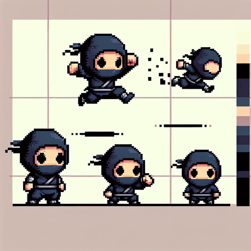 8-bit pixelated chibi ninja character sprite sheet with two simple, exaggerated action poses: one in mid-jump, with a small, round body and oversized head, arms and legs slightly bent in a cute, chibi-like leap. The second pose should emphasize the chibi ninja sliding down a wall: his body is pressed close to the wall with one hand extended upward, gripping or bracing against the wall. His feet should be pressed against the wall as he slides down, while his face is turned in the opposite direction, giving the impression he's scanning for threats or preparing to leap. The design should maintain the playful chibi proportions, with a dark, minimalistic outfit and a simple headband, all within a retro 8-bit pixel aesthetic and a limited color palette..
Single Game Texture. In-Game asset. 2d. Blank background. High contrast. No shadows.