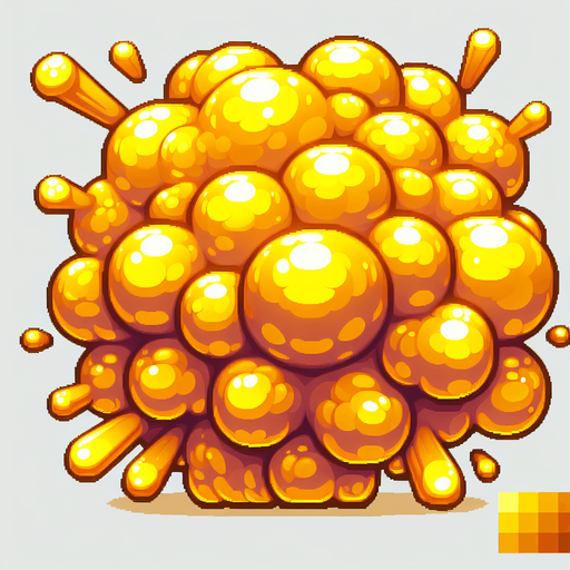 golden radial liquid cartoony puffed explosion. pixelated. 8 bit..
Single Game Texture. In-Game asset. 2d. Blank background. High contrast. No shadows.