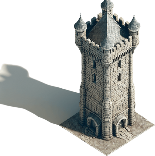 a medieval style stone tower. top down view. Single Game Texture. In-Game asset. 2d. Blank background. High contrast. No shadows.