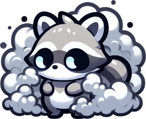 Raccoon Chibi character covered in smoke full bodied transparent background Single Game Texture. In-Game asset. 2d. Blank background. High contrast. No shadows.