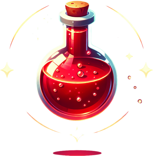 potion magique rouge.
Single Game Texture. In-Game asset. 2d. Blank background. High contrast. No shadows.