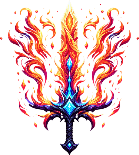 Magical elemental sword made of fire..
Single Game Texture. In-Game asset. 2d. Blank background. High contrast. No shadows.