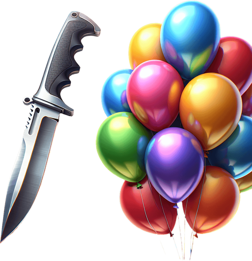 knife to stab balloons.
Single Game Texture. In-Game asset. 2d. Blank background. High contrast. No shadows.