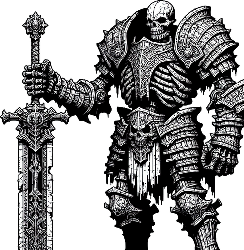 giant armored skeleton with a great sword.
Single Game Texture. In-Game asset. 2d. Blank background. High contrast. No shadows.