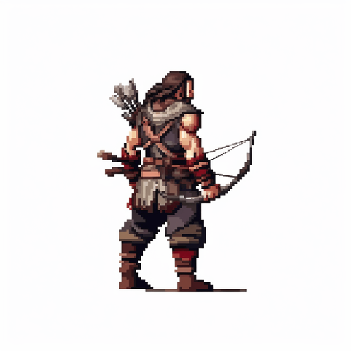 Heroic archer walking to the right.
Game Texture. In-Game asset. 2d. Pixelart. White background. Blank background. Low detail. High contrast.