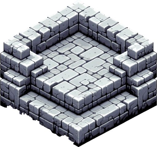 isometric stone wall platform. top-down bird-eye view perspective. 8-bit pixelated. grey soft-color palette..
Single Game Texture. In-Game asset. 2d. Blank background. High contrast. No shadows.