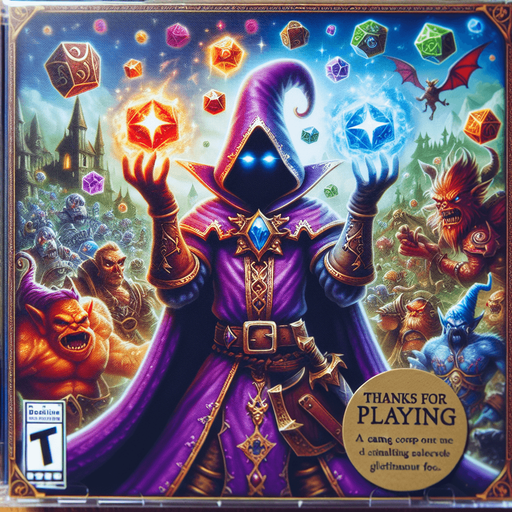 high definition closeup for a game titled "A Hero's Tale" and with the description "Embark on an epic quest as a powerful spellcaster, battle fierce foes across diverse and unique locations uncovering treasures.". Show text "Thanks for playing"  Show Purple Spellcaster, show evil monster.
Single Game Texture. In-Game asset. 2d. Blank background. High contrast. No shadows.