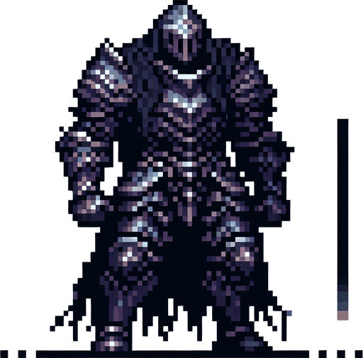 a colossal menacing black knight in heavy armor. pixelart game sprite. front view. Single Game Texture. In-Game asset. 2d. Blank background. High contrast. No shadows.