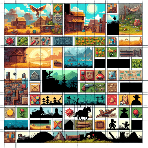 Patchwork of scene extracted from video games..
Single Game Texture. In-Game asset. 2d. Blank background. High contrast. No shadows.