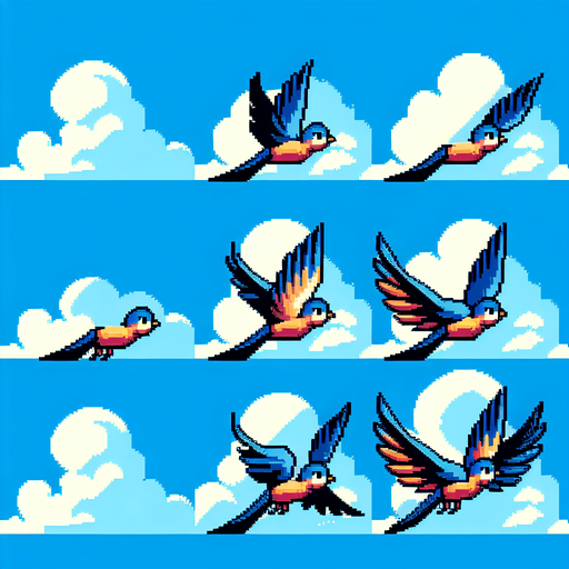 sprite sheet of a bird flying two positions, one with   wings up, one with wings down.
sprite sheet 2 x 2