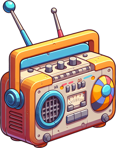 Create a cartoon-style illustration of a mix of a beach radio. Front View.
Single Game Texture. In-Game asset. 2d. Blank background. High contrast. No shadows.