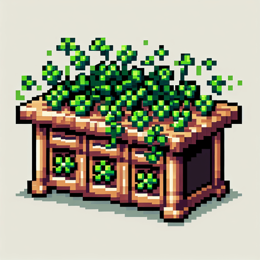 pixel art of a wood counter full of 4 leaf clovers.
front face view