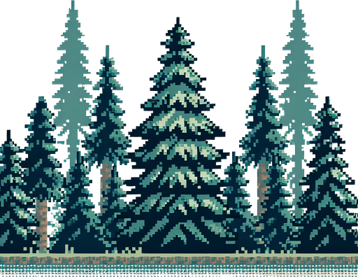 8-bit pixelated pinetree forest.
Single Game Texture. In-Game asset. 2d. Blank background. High contrast. No shadows.