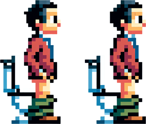 sprite sheet of an 8-bit pixelated character seen from the sides. This has two stances, of the character standing up and the other sitting down with his pants down as if taking a poop.
Single Game Texture. In-Game asset. 2d. Blank background. High contrast. No shadows.