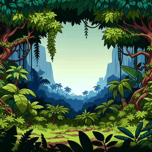 Jungle Scenic view. Open in the top
 Cartoon. Black background. Single Game Texture. In-Game asset. 2d. Blank background. High contrast. No shadows..
Single Game Texture. In-Game asset. 2d. Blank background. High contrast. No shadows.