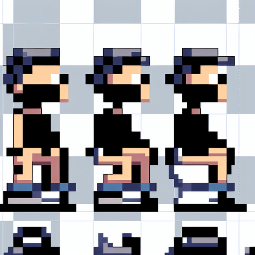 sprite sheet of an 8-bit pixelated character seen from the sides. This has two stances, of the character standing up and the other sitting down with his pants down as if taking a poop.
Single Game Texture. In-Game asset. 2d. Blank background. High contrast. No shadows.