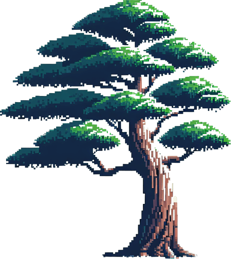 pixel art of a tall, tree.
game asset, 2d, white background, shadowless.