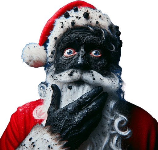 A funny Santa Claus  disheveled and covered by black soot after an explosion. stary night. High contrast.