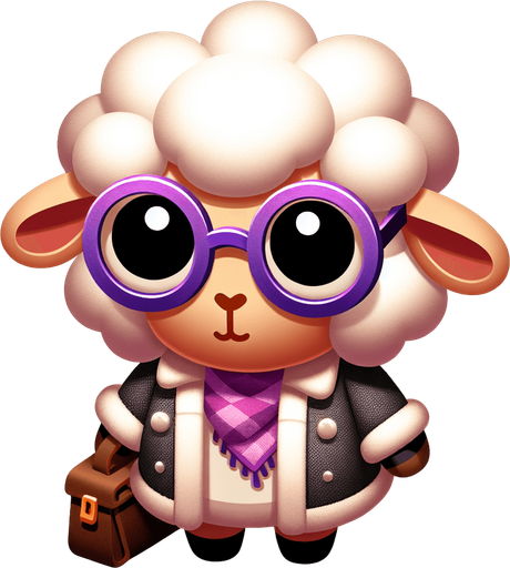 make a sheep wearing round purple glasses a jacket and a bag.
Single Game Texture. In-Game asset. 2d. Blank background. medium contrast. No shadows. cartoony. birdside view. full body. not facing the camera