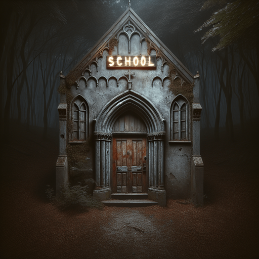 By night, in a gloomy forest,a Facade of a dark, partly ruined ancient and twisted witch house with a big wooden door and a metal entrance arch where it's written "SCHOOL" in illuminated letters...