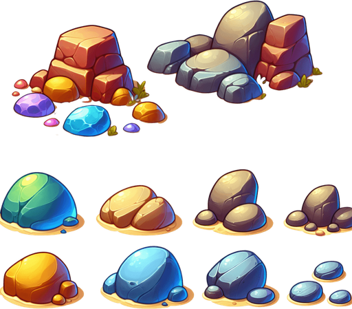 Create a cartoon-style illustration of beach rocks. The goal is to capture a lively and playful location.
Single Game Texture. In-Game asset. 2d. Blank background. High contrast. No shadows.