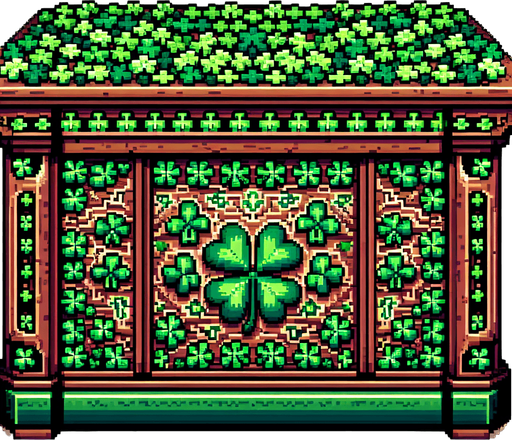 pixel art of a wood counter full of 4 leaf clovers.
front face view