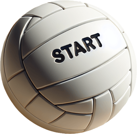 Start button in the shape of a white beach volleyball with « START » written on it in black.
Photo