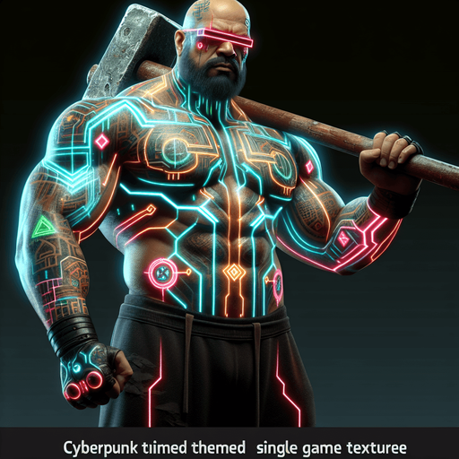 a cyberpunk bodybuilder with a sledgehammer.
Single Game Texture. In-Game asset. 2d. Blank background. High contrast. No shadows.