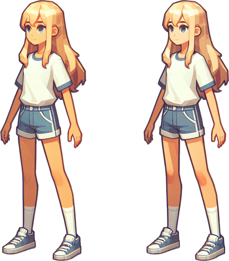 Teen girl with blonde hair, full body, 1 body.
Single Game Texture. In-Game asset. 2d. Blank background. High contrast. No shadows.