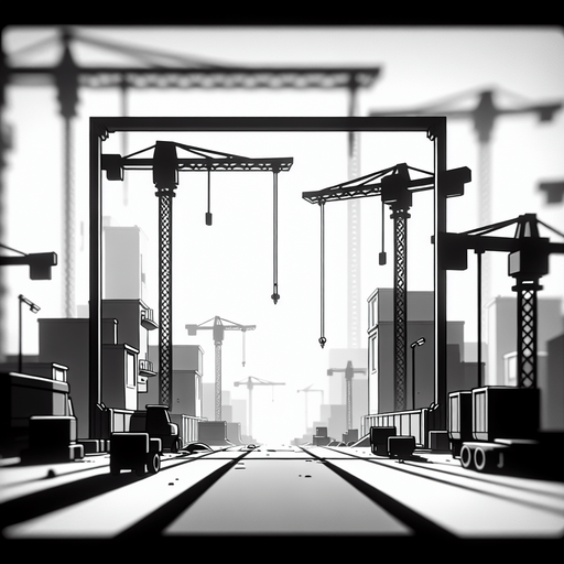 construction cranes on the sides of the frame, depth of field blur, cartoon style, black and white.
Single Game Texture. In-Game asset. 2d. Blank background. High contrast. No shadows.