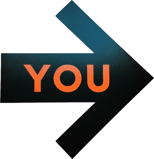 A big black horizontal arrow pointing left with centred text 'YOU' in capital letters, painted on an orange floor..
horizontal and pointing left