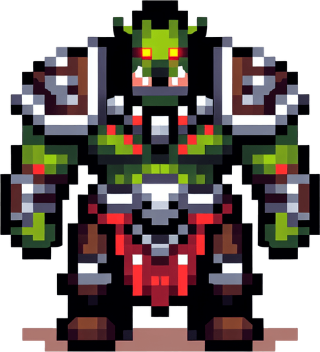 an orc warrior with a large head and red eyes. pixelart. top down view. Single Game Texture. In-Game asset. 2d. Blank background. High contrast. No shadows.