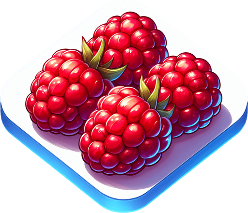 A few delicious red raspberries, cleaned..
Single Game Texture. In-Game asset. 2d. Blank background. High contrast. No shadows.