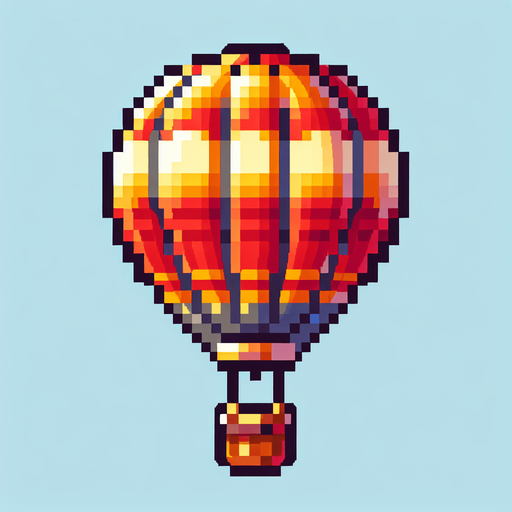 a pixel hot air balloon.
Single Game Texture. In-Game asset. 2d. Blank background. High contrast. No shadows.