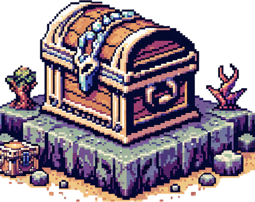 A mythical treasure chest, I want the art style to reflect a classic 16-bit retro pixel art aesthetic, reminiscent of early 1990s RPGs..
Single Game Texture. In-Game asset. 2d. Blank background. High contrast. No shadows.