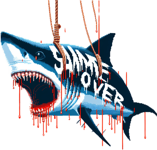 high quality pixel art based background image for a movie showing a Shark hung on a hunting fishing yacht. GAME OVER text written in sharp white fangs text with red blood dripping all around the text.
Single Game Texture. In-Game asset. 2d. Blank background. High contrast. No shadows.