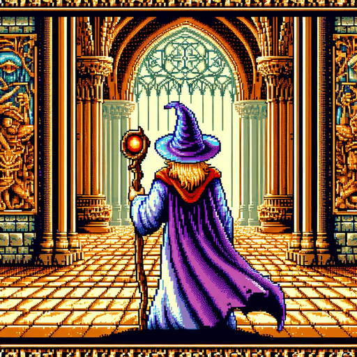 A wizard hero facing away with his back turned with his staff in the air
I want the art style to reflect a classic 16-bit retro pixel art aesthetic, reminiscent of early 1990s RPGs with vibrant colors. The environment should have a rich, fantasy-themed design with intricate backgrounds and a nostalgic, old-school feel..
Single Game Texture. In-Game asset. 2d. Blank background. High contrast. No shadows.