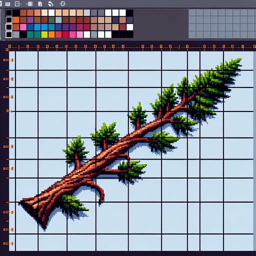 pixelart. A long horizontally growing  branch grown from a redwood tree. The tree itself should not be included in the image, only the branch..
Single Game Texture. In-Game asset. 2d. Blank background. High contrast. No shadows.