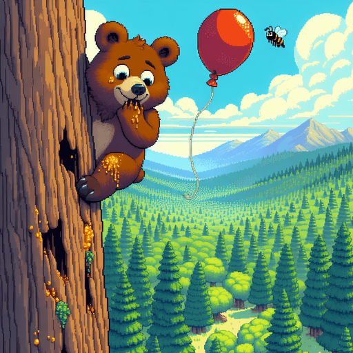 pixel art. a full screen illustration. a likeable and very content little bear cub with a punctured and deflated red baloon is looking down from an incredibly tall redwood tree, inspecting where to get a foothold in order to climb down. The baloon has a puncture in it, from a bee sting, where air is visible flowing out of it, deflating it. the bear's face and fur is smeared a bit with all the delicious golden yellow honey he just ate, which he is enjoying and feeling satiated from. The picture should adhere to the bear's perspective, looking down the tall tree trunk towards the green meadow beneath him. It's a bright summer day with a clear blue sky. Mountains in the distance..
Single Game Texture. In-Game asset. 2d. Blank background. High contrast. No shadows.